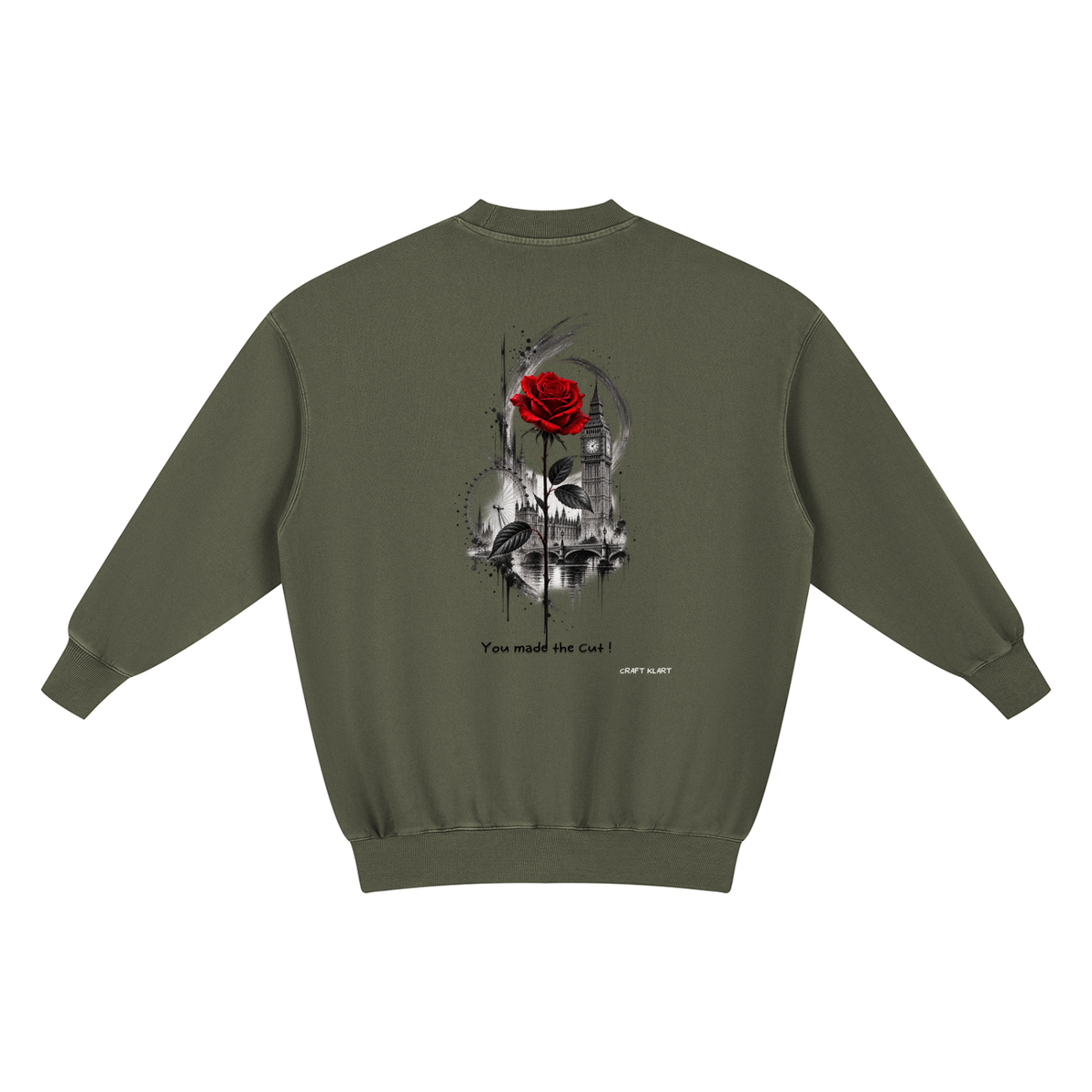 Urban Fashion & Streetwear | Craftklart olive green oversized sweatshirt with back London cityscape and red rose print