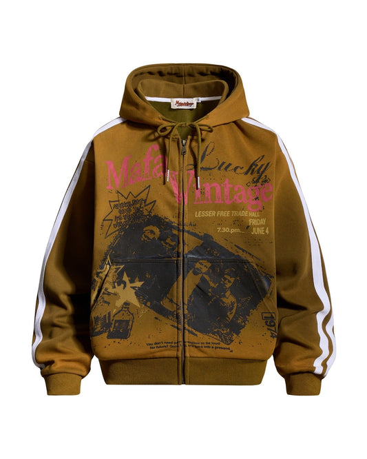 Urban Fashion & Streetwear | Craftklart olive green zip-up hoodie with vintage concert poster graphic and side stripes