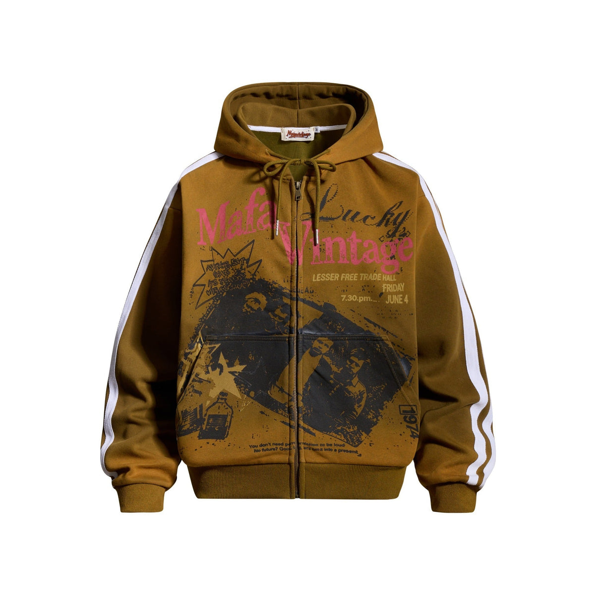 Urban Fashion & Streetwear | Craftklart olive green zip-up hoodie with vintage concert poster graphic and side stripes