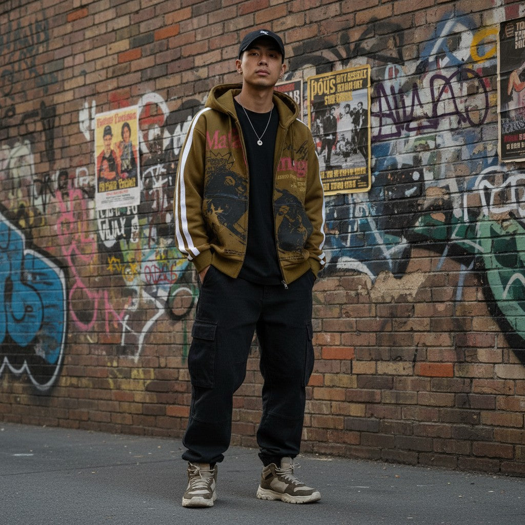 Urban Fashion & Streetwear | Craftklart olive zip-up hoodie with graphic print and side stripes worn by a man