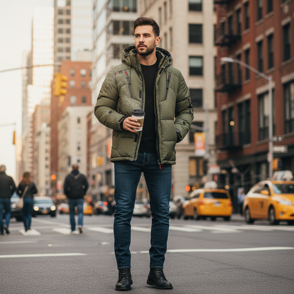 Man wearing an Urban Fashion & Streetwear | Craftklart olive green insulated puffer jacket with hood in a city street