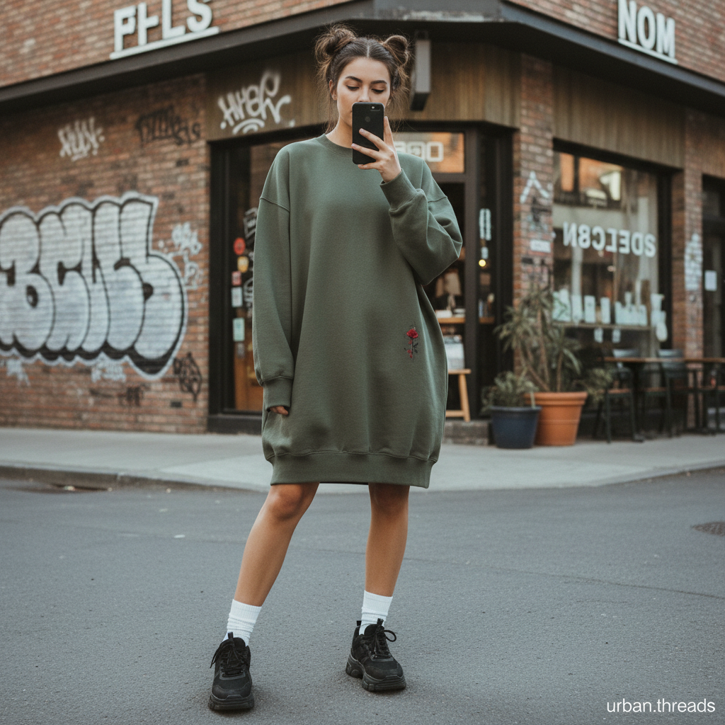 Woman wearing an Urban Fashion & Streetwear | Craftklart olive green oversized sweatshirt with a small rose detail.