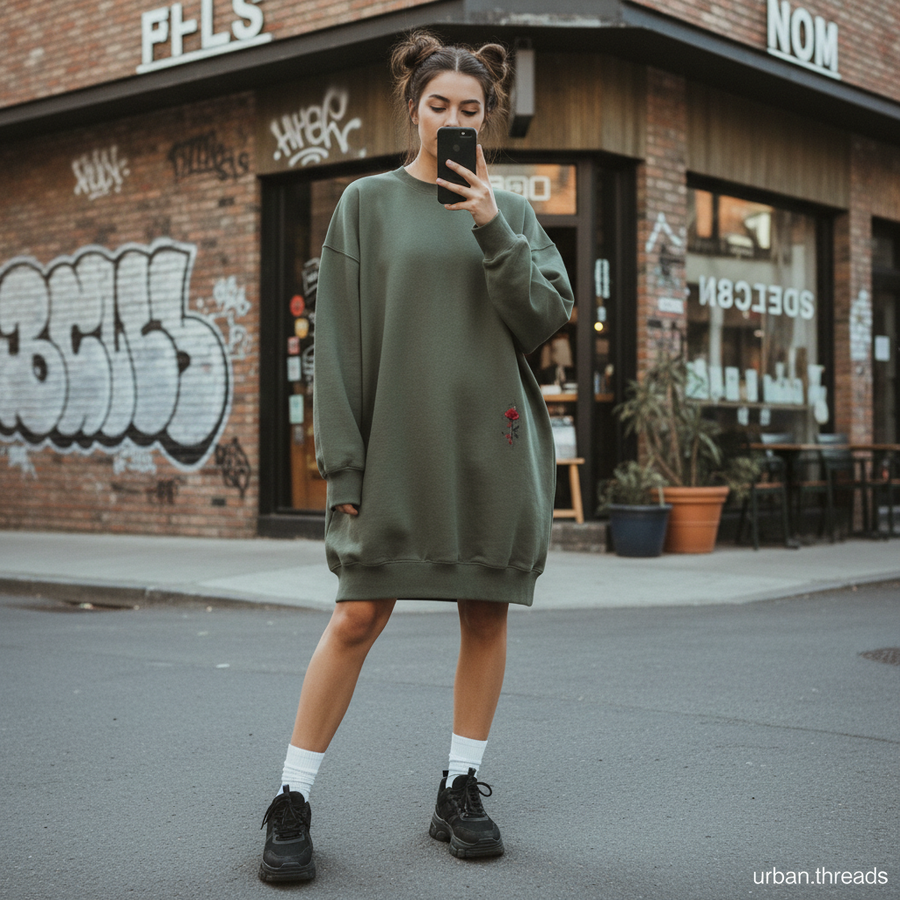 Woman wearing an Urban Fashion & Streetwear | Craftklart olive green oversized sweatshirt with a small rose detail.