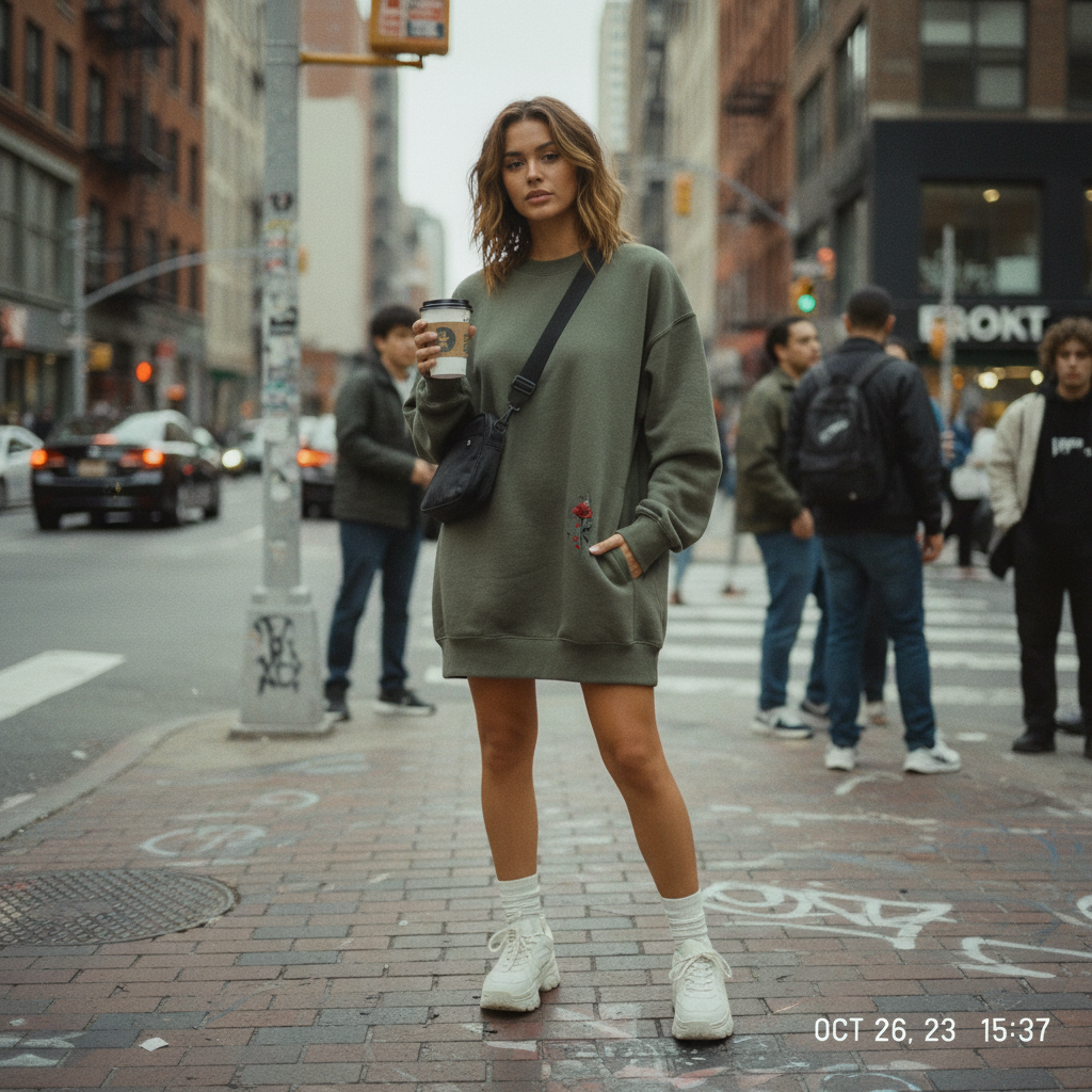 Urban Fashion & Streetwear | Craftklart olive green oversized crewneck sweatshirt with rose detail on city street