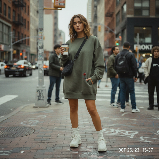 Olive green ODMPOD London Rose sweatshirt dress with urban streetwear style, featuring a casual fit and graphic detailing.
