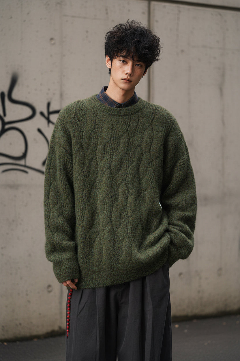 Urban Fashion & Streetwear | Craftklart oversized olive green textured cable-knit crewneck sweater on a male model