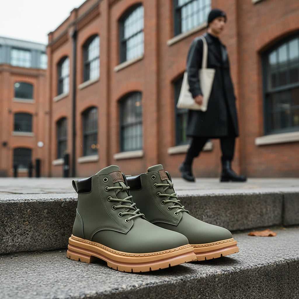 Urban Fashion & Streetwear | Craftklart olive green lace-up ankle boots with a chunky tan lug sole and padded collar.