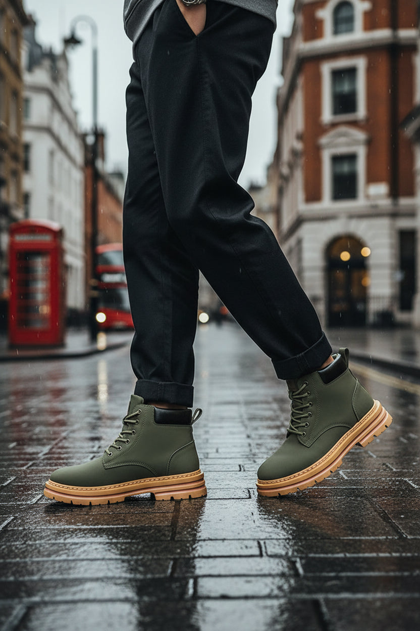 Urban Fashion & Streetwear | Craftklart olive green lace-up ankle boots with a thick tan lug sole and padded collar.