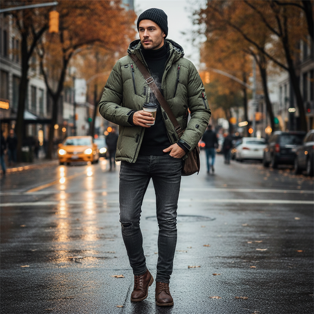 Man wearing an Urban Fashion & Streetwear | Craftklart olive green insulated puffer jacket on a city street in autumn