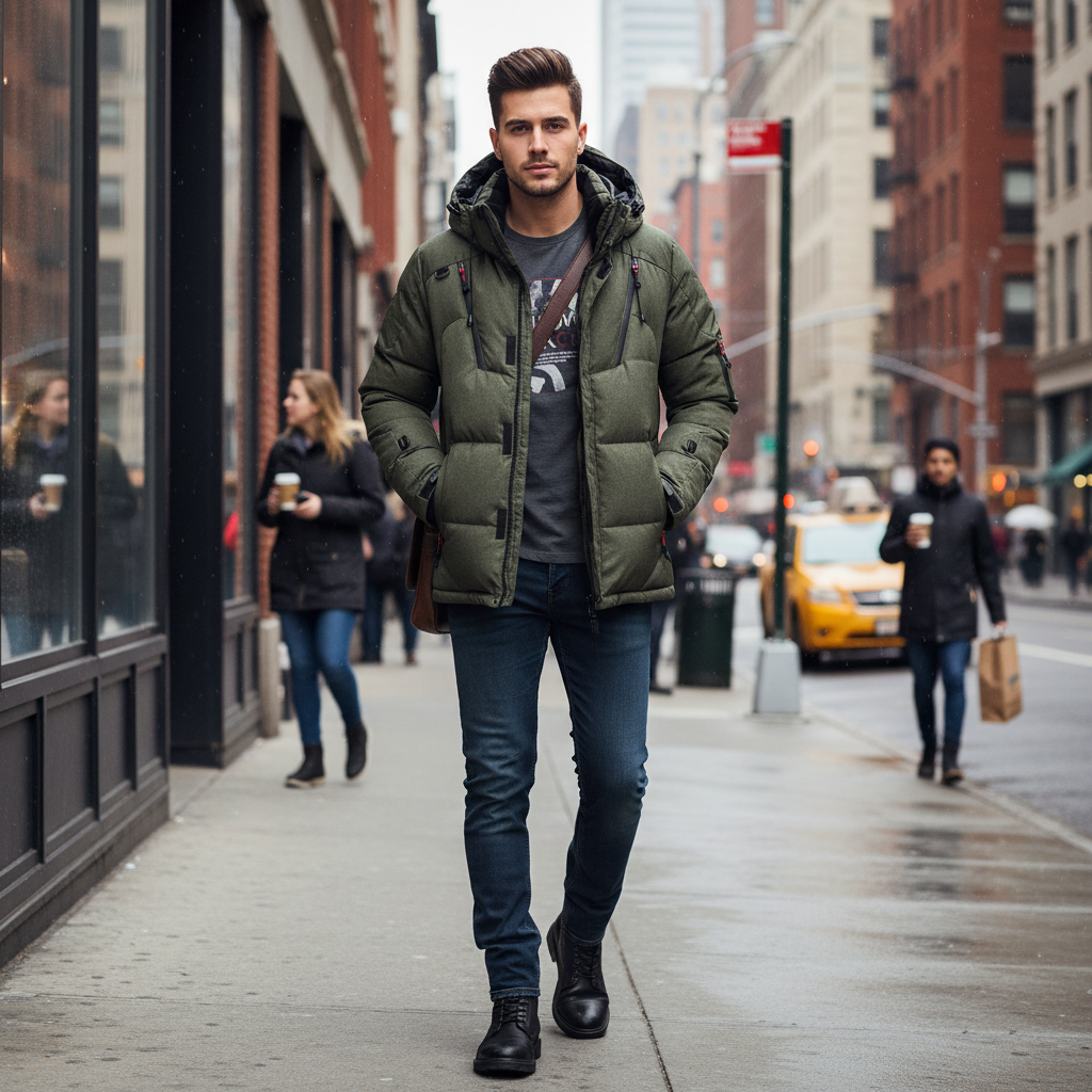 Man wearing an Urban Fashion & Streetwear | Craftklart olive green insulated puffer jacket on a city street.
