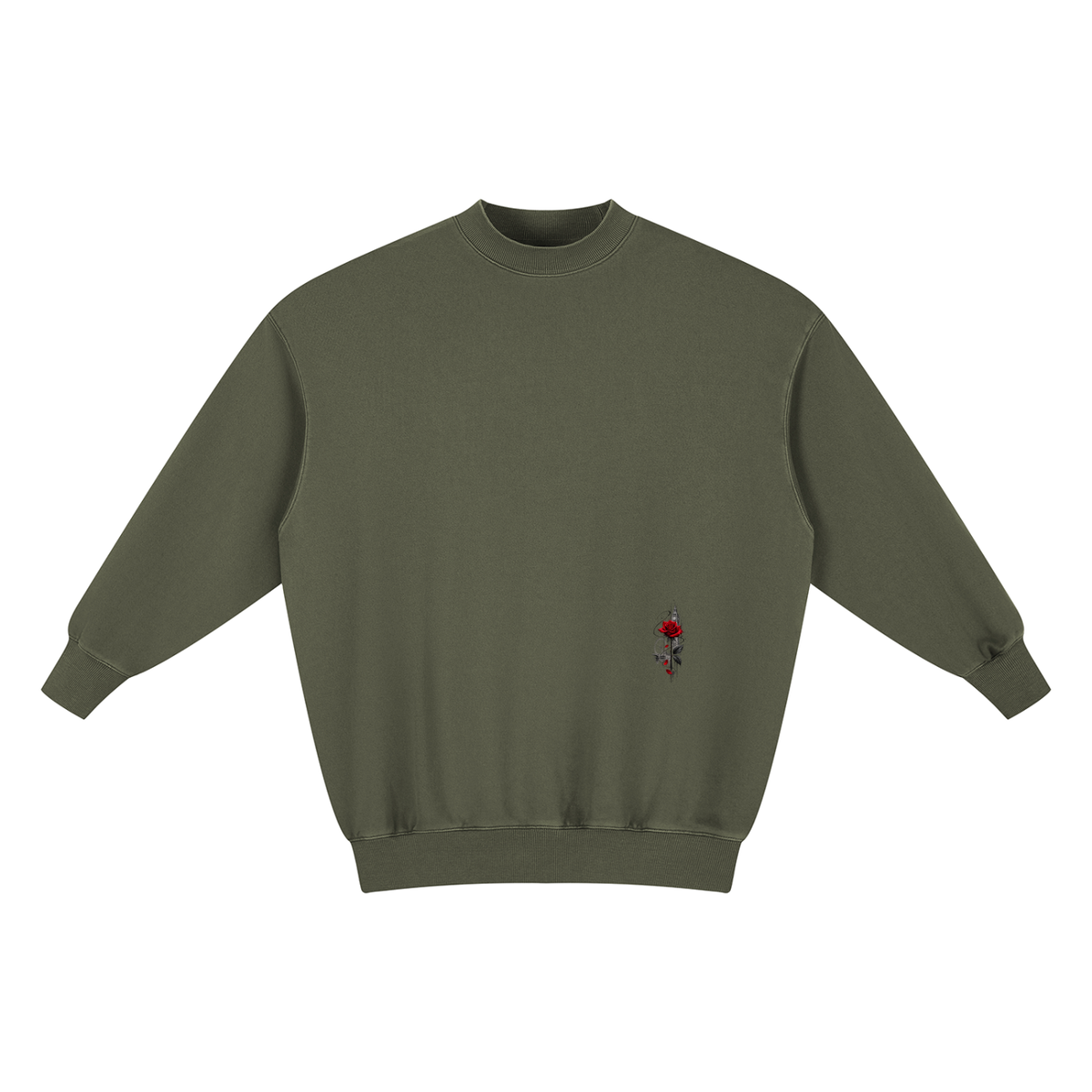 Urban Fashion & Streetwear | Craftklart olive green oversized crewneck sweatshirt with a small rose detail on front