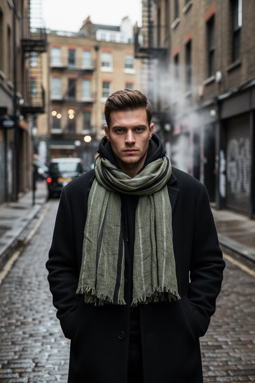 Urban Fashion & Streetwear | Craftklart olive green striped men's scarf with frayed tassel edges and windproof design