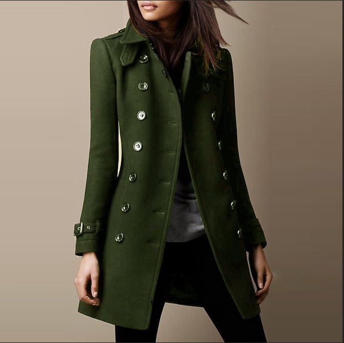 Urban Fashion & Streetwear | Craftklart women's olive green double-breasted mid-length trench coat with button cuffs