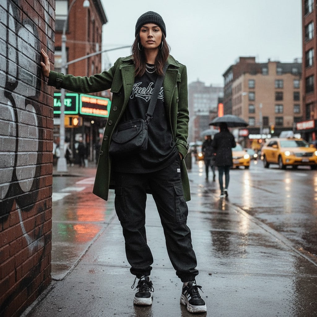 Urban Fashion & Streetwear | Craftklart olive green double-breasted trench coat worn by a woman on a city street.