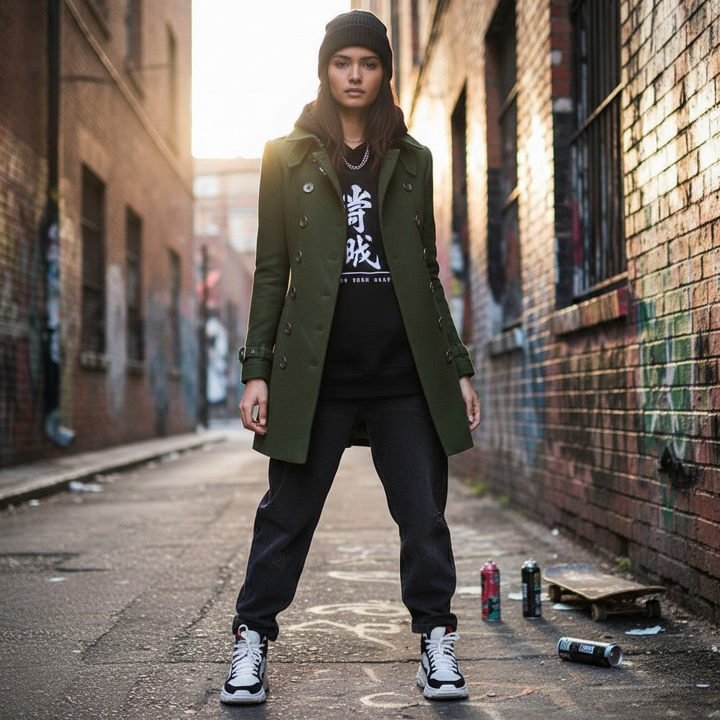 Urban Fashion & Streetwear | Craftklart olive green double-breasted mid-length trench coat worn by a woman in an alley