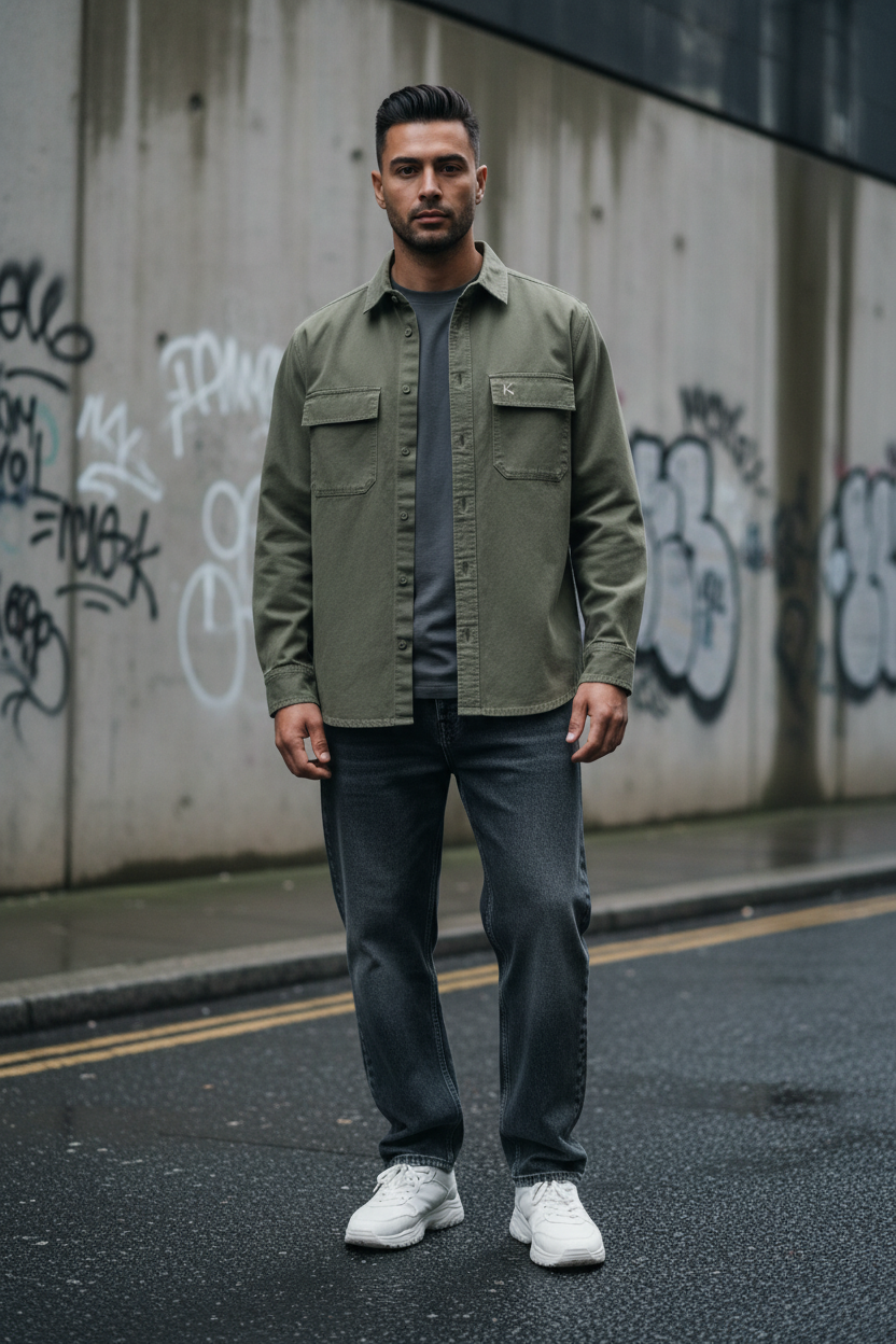 Man wearing an Urban Fashion & Streetwear | Craftklart olive green utility overshirt with chest pockets over a grey tee