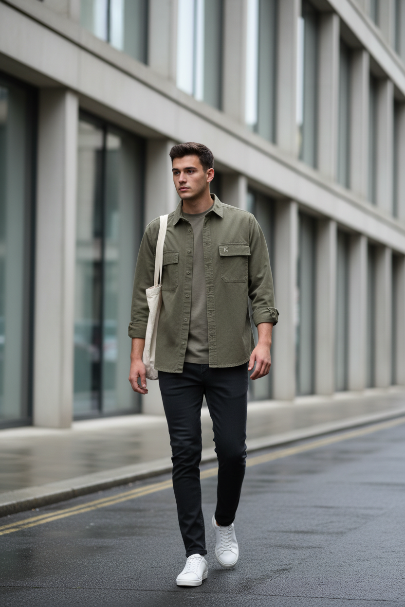 Urban Fashion & Streetwear | Craftklart olive green utility overshirt worn open over a t-shirt with black jeans