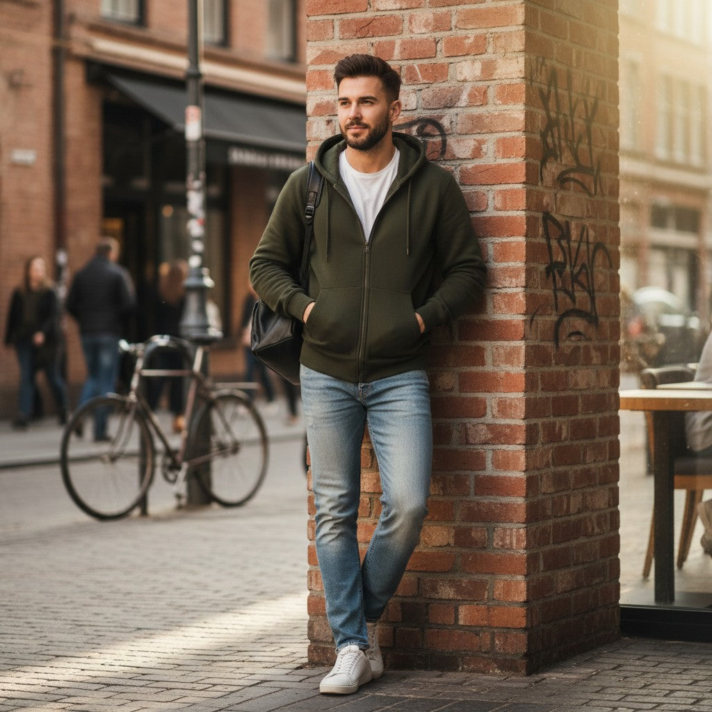 Man wearing an Urban Fashion & Streetwear | Craftklart olive green fleece full zip hoodie with jeans on a city street
