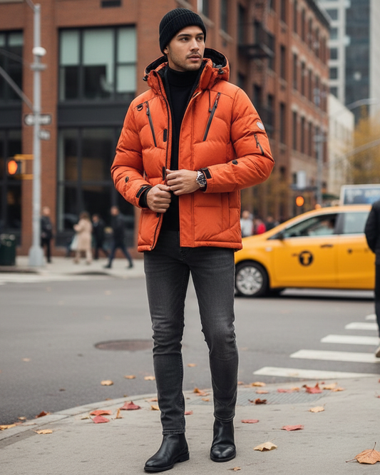 Man wearing an Urban Fashion & Streetwear | Craftklart orange insulated puffer jacket with hood on a city street.