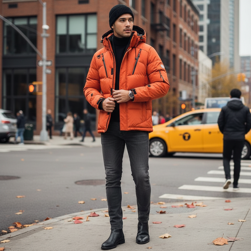 Man wearing an Urban Fashion & Streetwear | Craftklart orange insulated puffer jacket with hood on a city street.