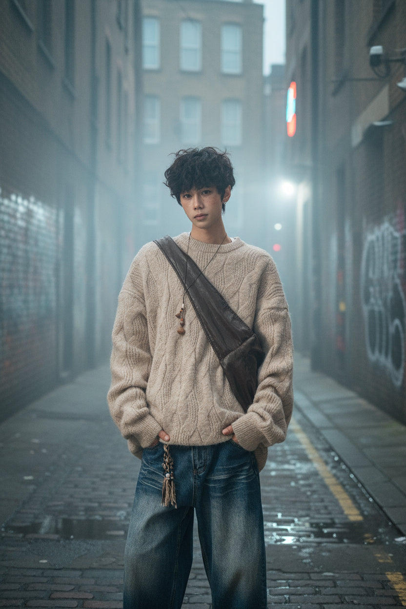 A man wearing an Urban Fashion & Streetwear | Craftklart oversized beige cable-knit sweater with a brown crossbody bag