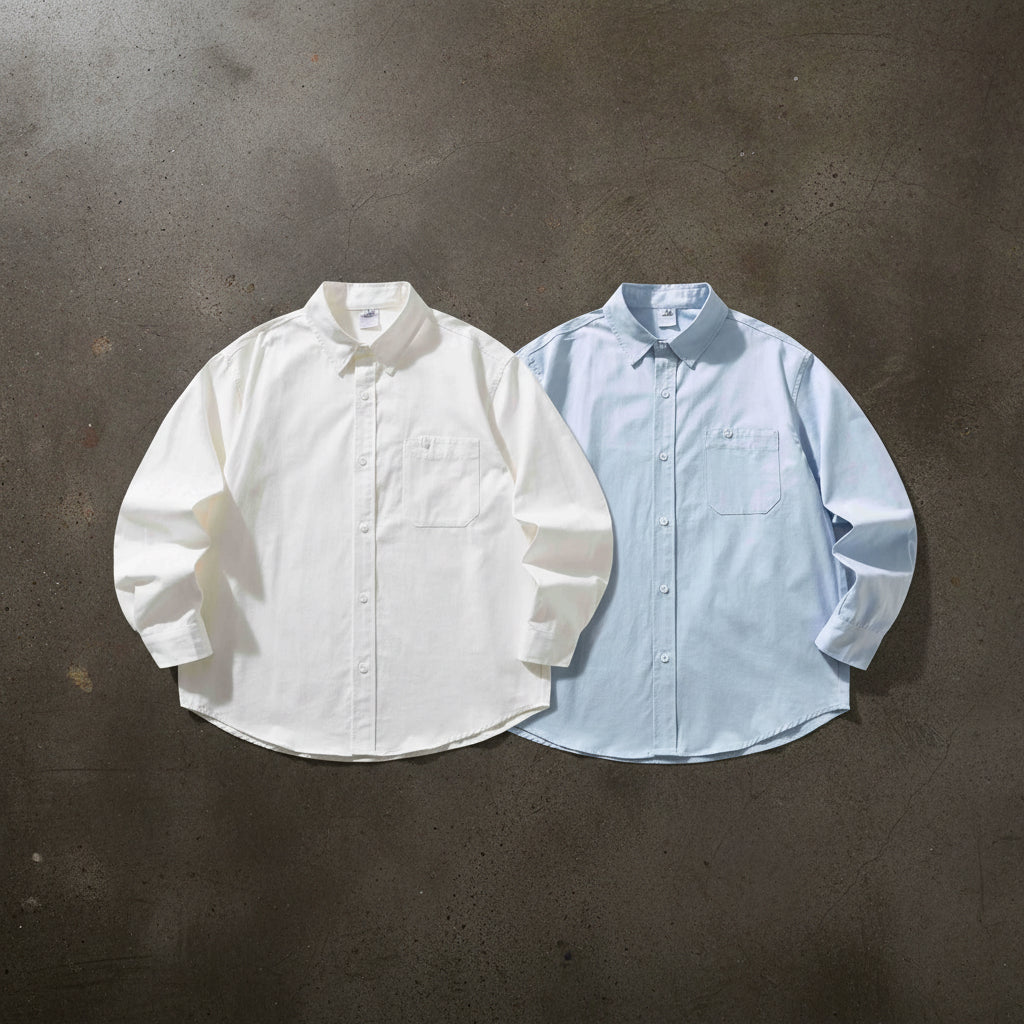 Urban Fashion & Streetwear | Craftklart oversized cotton blend long sleeve shirts in white and blue with chest pockets