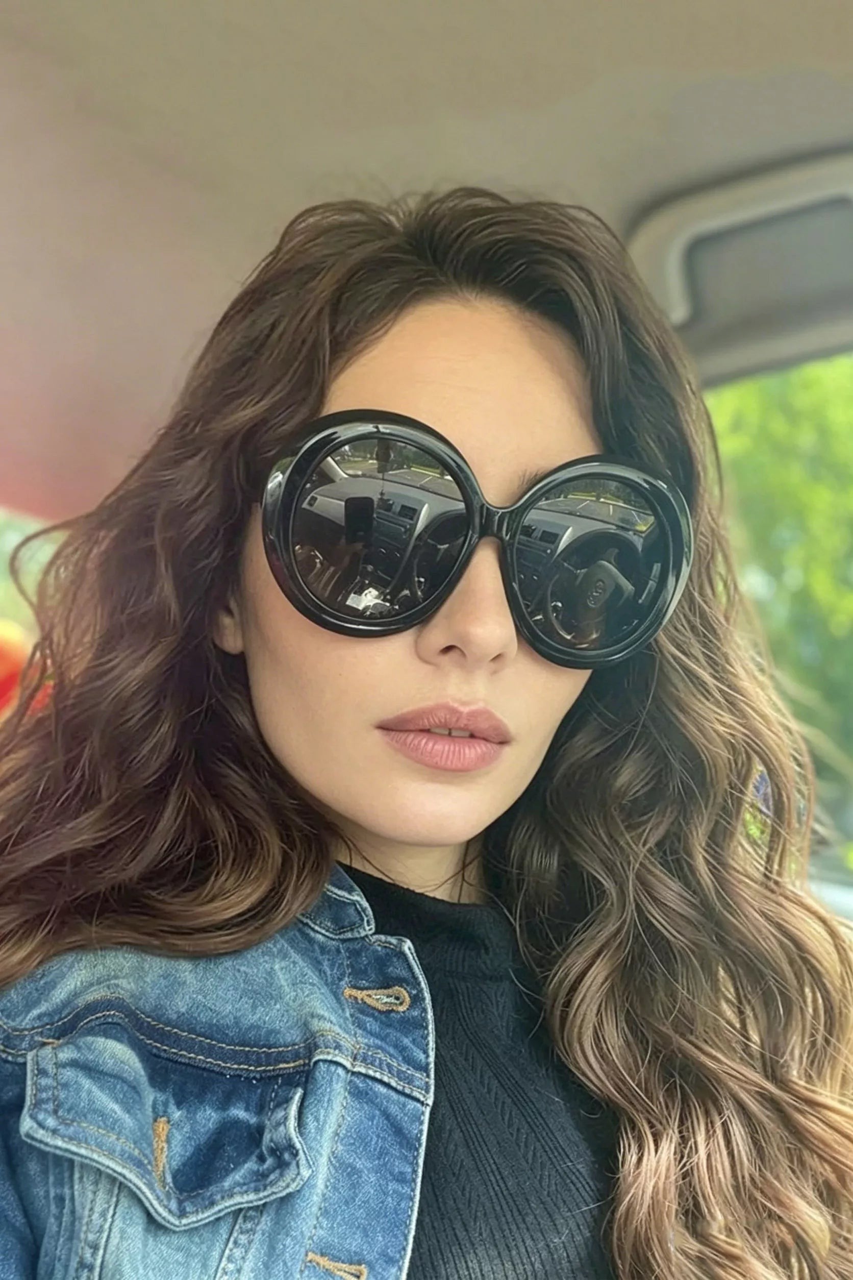 Woman wearing Urban Fashion & Streetwear | Craftklart oversized round black polycarbonate sunglasses with UV400 lenses.