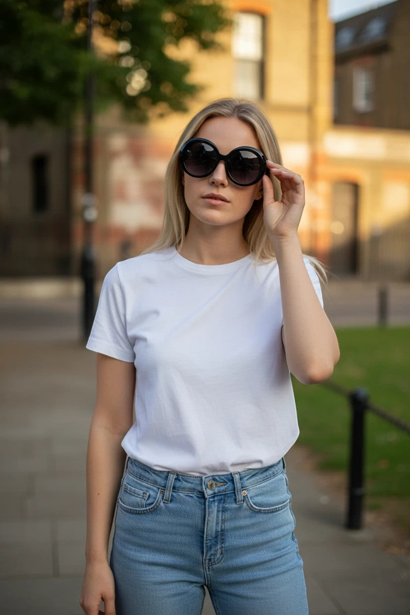 Woman wearing Urban Fashion & Streetwear | Craftklart oversized round black sunglasses with UV400 protection