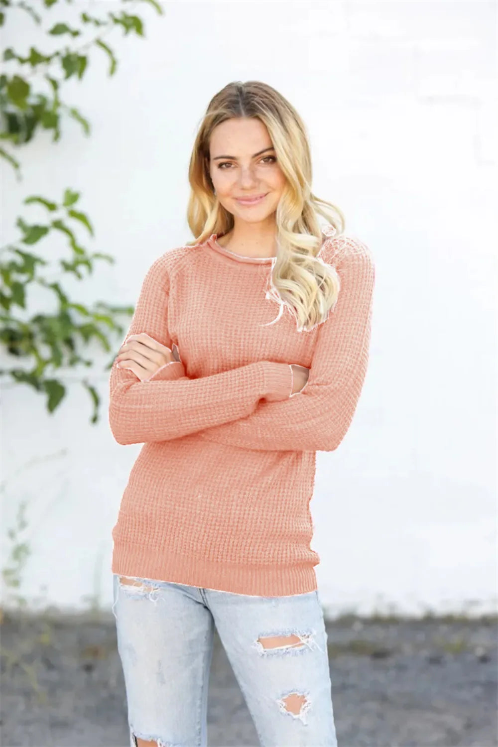 Urban Fashion & Streetwear | Craftklart peach waffle knit long sleeve crewneck sweater worn by a blonde model