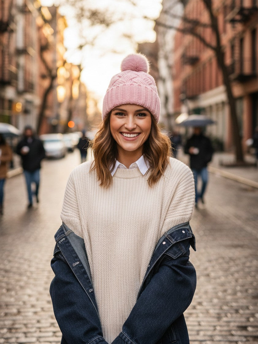 Urban Fashion & Streetwear | Craftklart pink cable-knit beanie with a pom-pom worn by a smiling woman on a city street