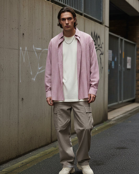 Urban Fashion & Streetwear | Craftklart pink fine checkered long sleeve button down shirt with a relaxed fit.