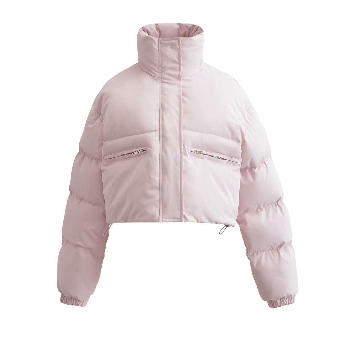 Urban Fashion & Streetwear | Craftklart light pink cropped puffer jacket with stand-up collar and zippered pockets