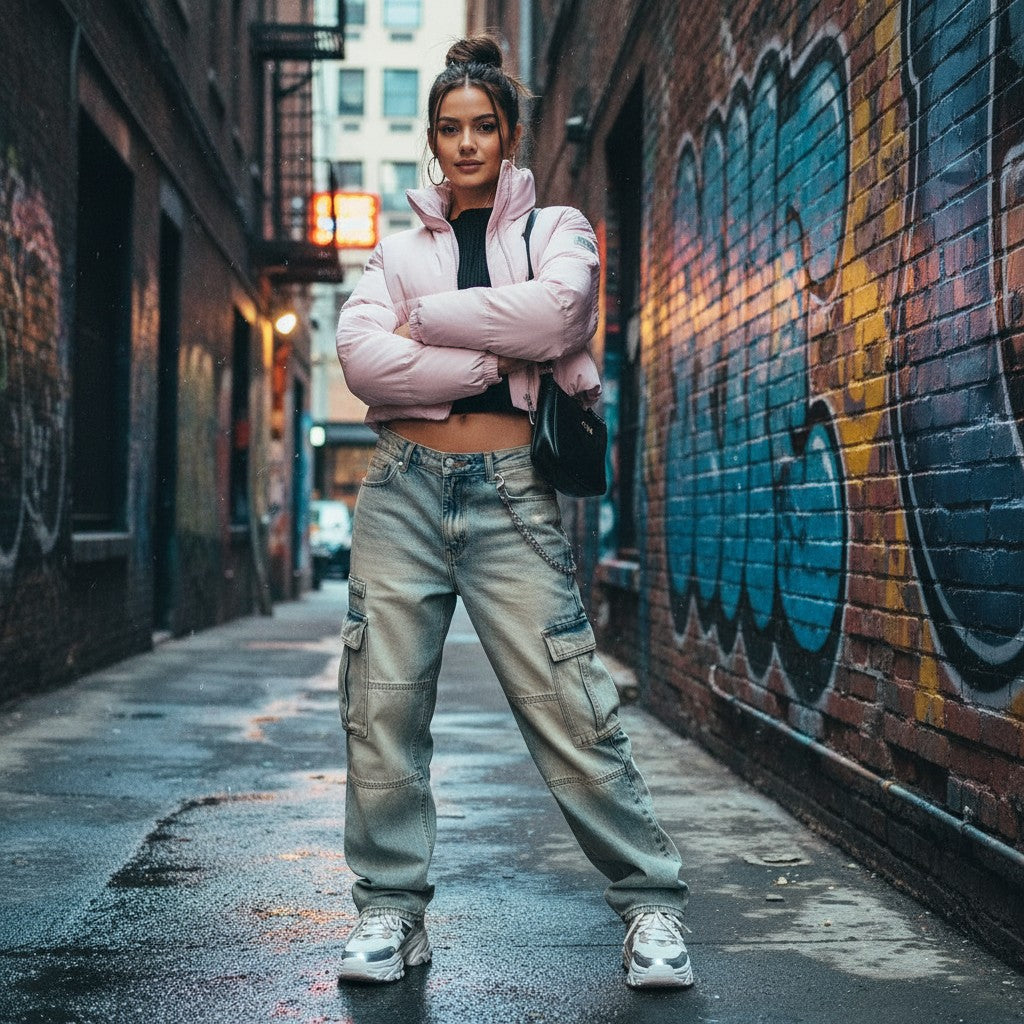 Urban Fashion & Streetwear | Craftklart cropped light pink puffer jacket worn by a woman in a city alleyway.