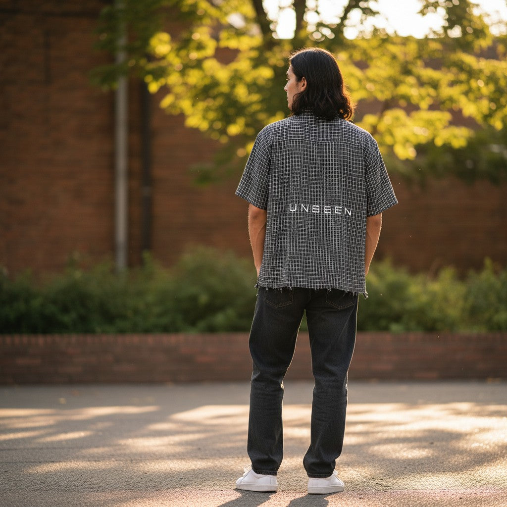 A person wearing an Urban Fashion & Streetwear | Craftklart distressed plaid boxy shirt with UNSEEN text on the back.