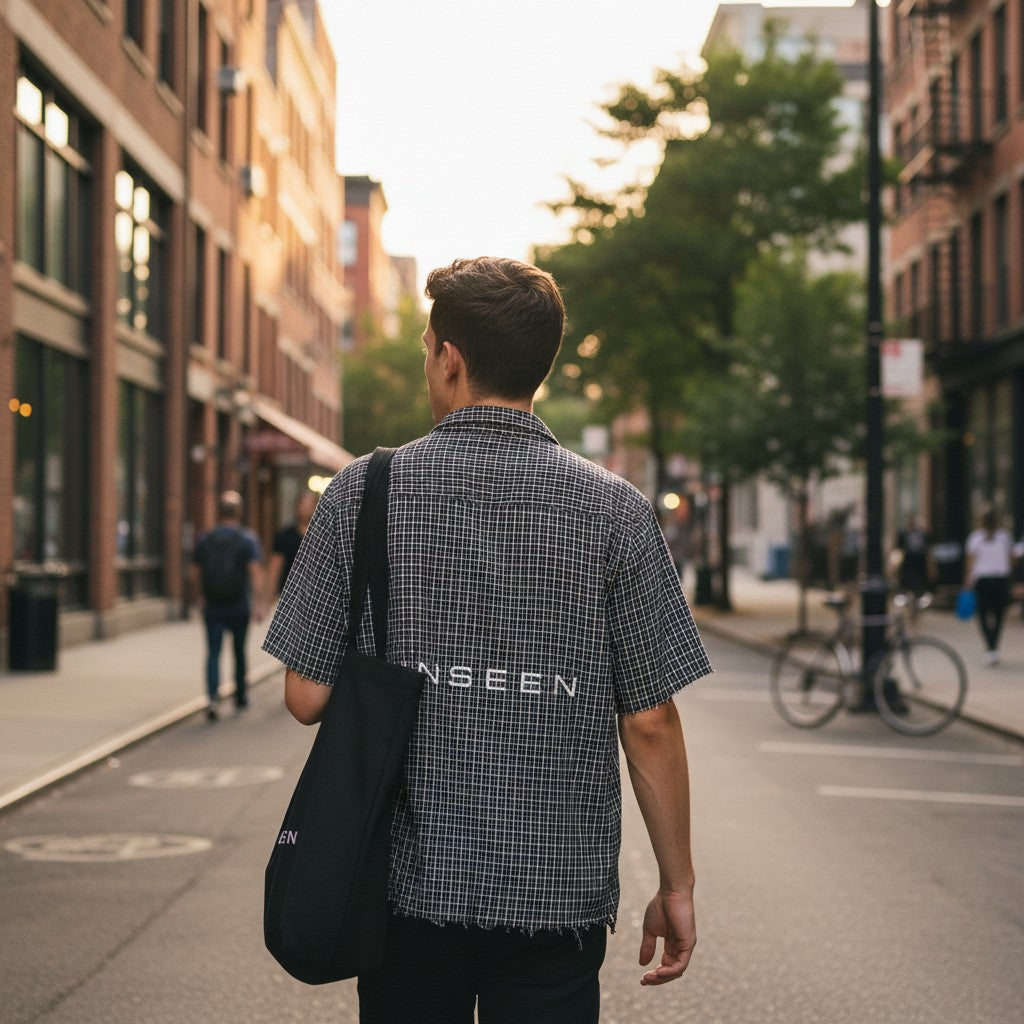 A man wearing an Urban Fashion & Streetwear | Craftklart distressed plaid boxy shirt walking down a city street.