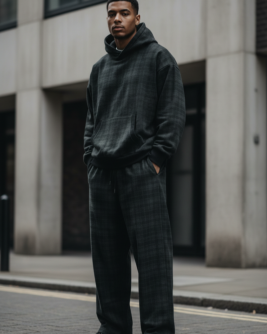 Urban Fashion & Streetwear | Craftklart oversized dark grey plaid cotton hoodie and matching trousers on a model