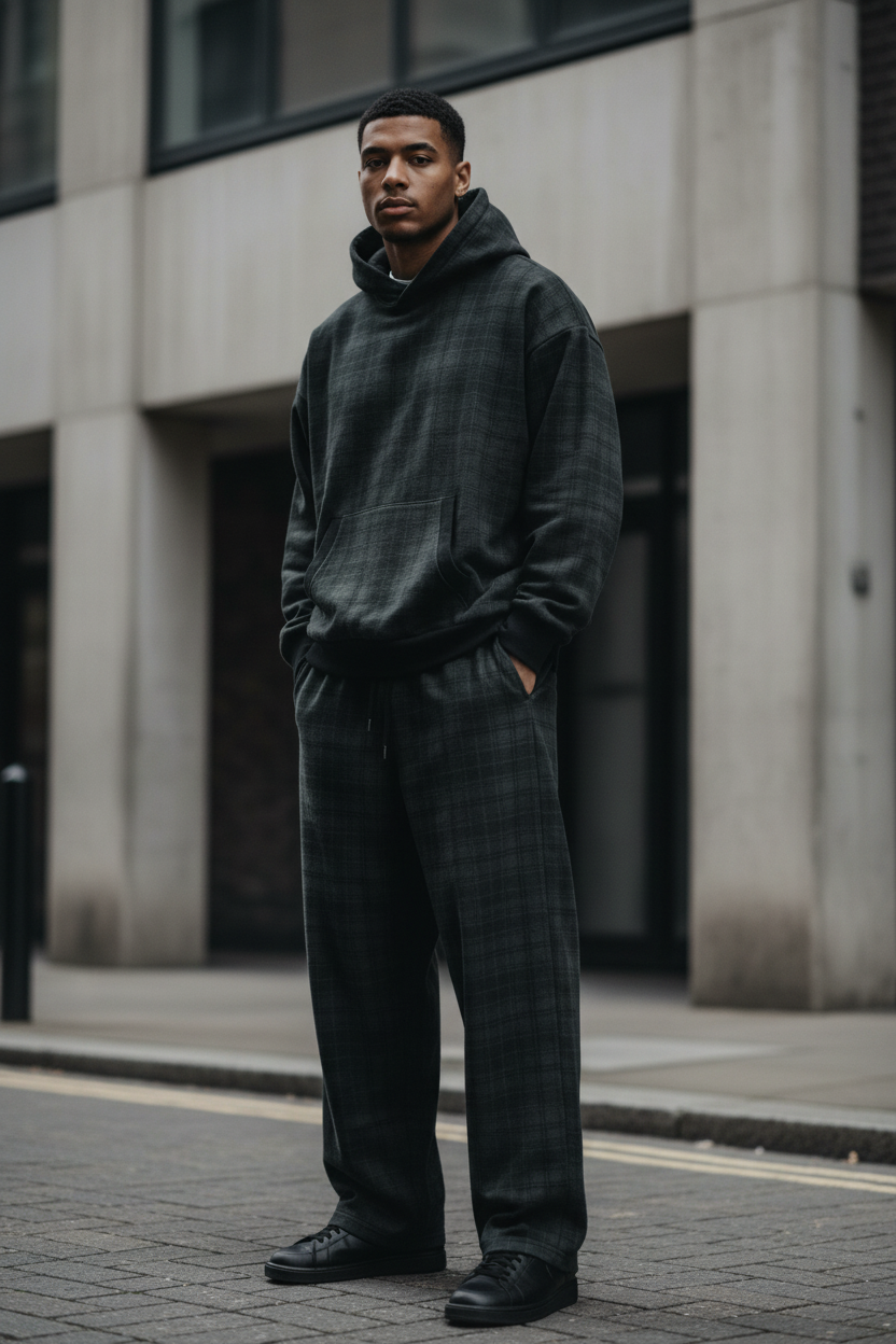 Urban Fashion & Streetwear | Craftklart charcoal plaid pullover hoodie worn by a man with matching trousers