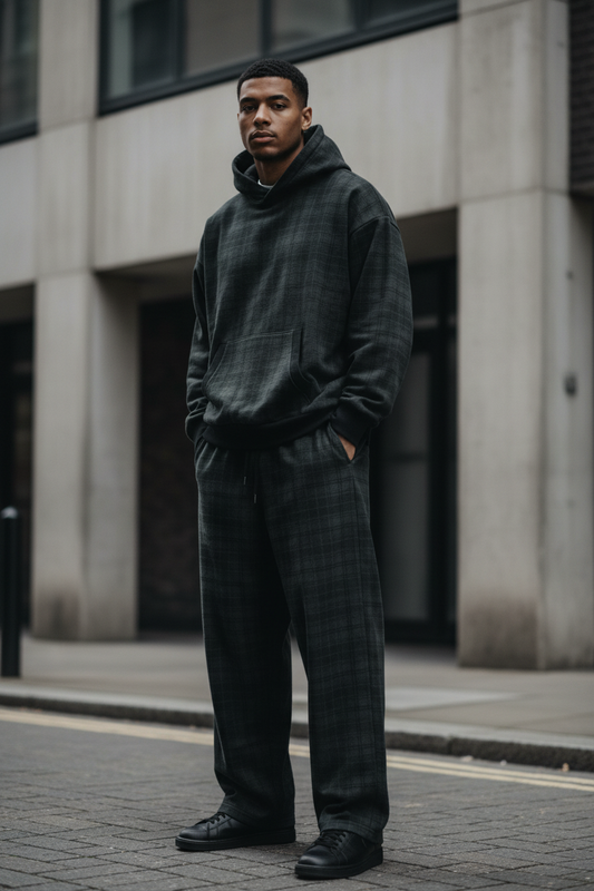 Urban Fashion & Streetwear | Craftklart charcoal plaid pullover hoodie worn by a man with matching trousers