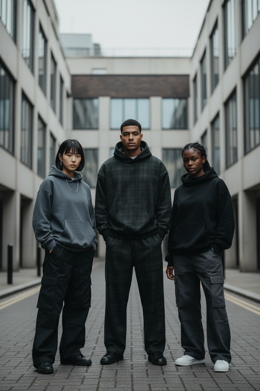 Urban Fashion & Streetwear | Craftklart models wearing oversized charcoal plaid and solid hoodies in a city alleyway