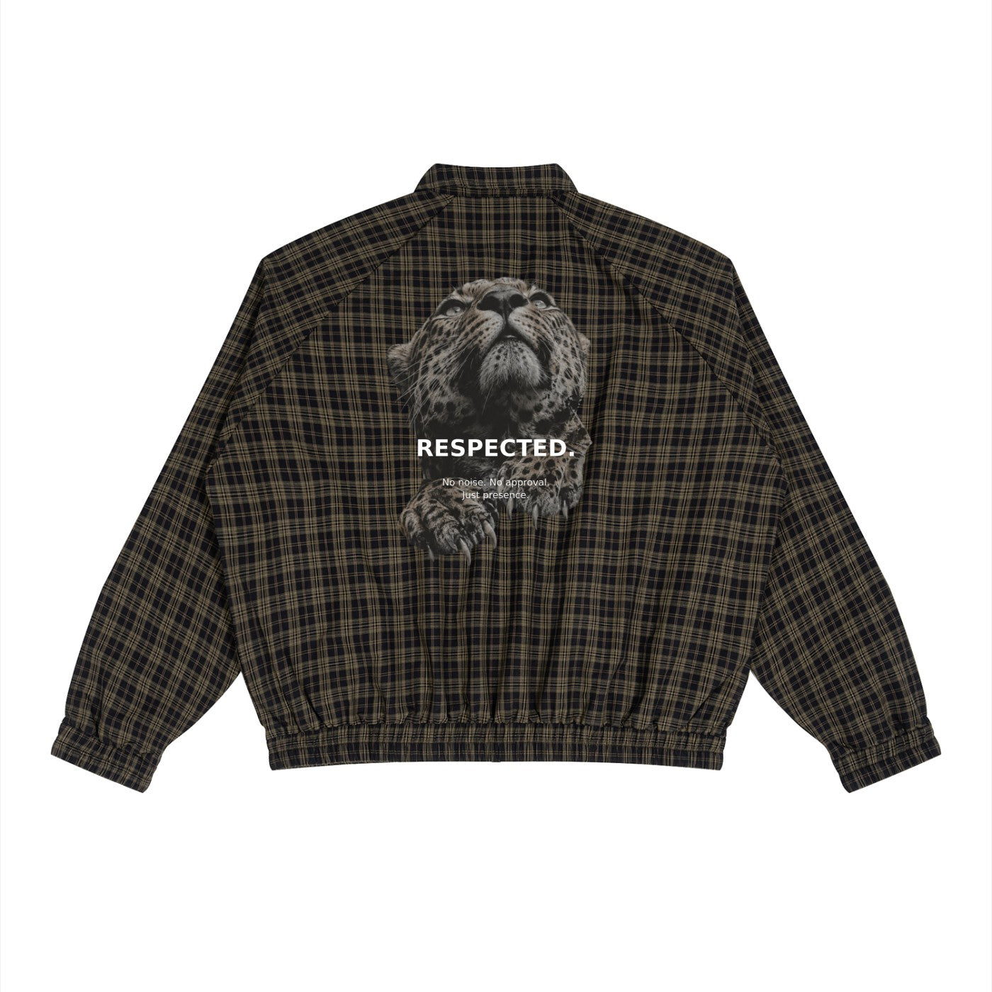 Urban Fashion & Streetwear | Craftklart black plaid track jacket with leopard graphic and Respected text on the back