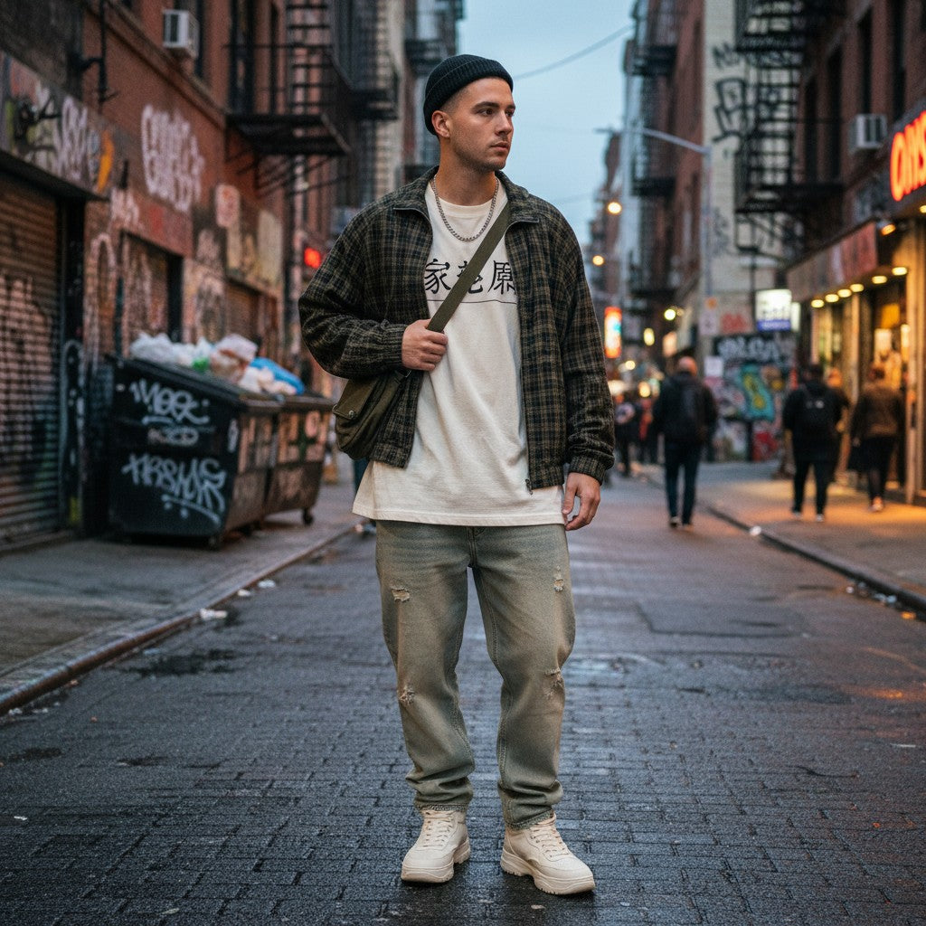 Urban Fashion & Streetwear | Craftklart plaid full-zip track jacket worn by a man in a city street setting.