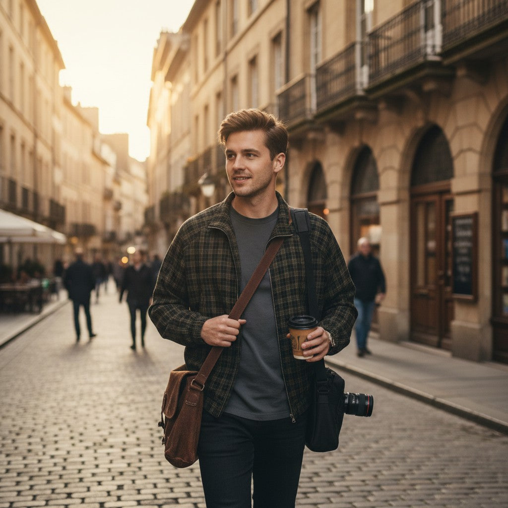 Urban Fashion & Streetwear | Craftklart plaid full-zip track jacket worn by a man walking on a cobblestone city street