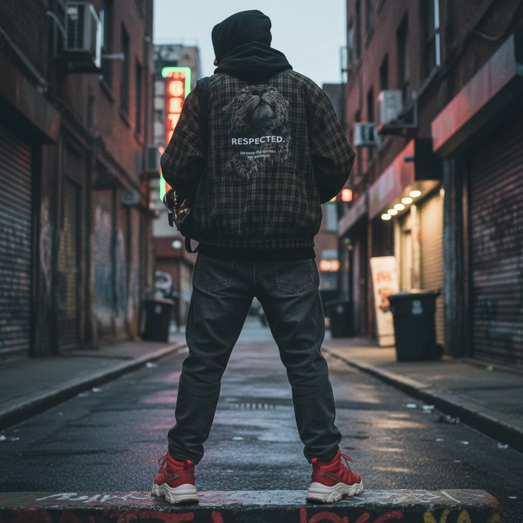 Urban Fashion & Streetwear | Craftklart plaid full-zip track jacket with back graphic in an urban alleyway