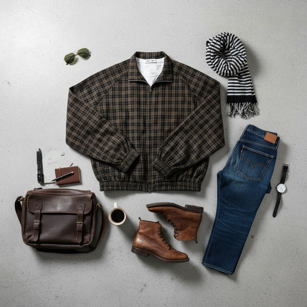Urban Fashion & Streetwear | Craftklart plaid full-zip track jacket laid flat with jeans, boots, and accessories.