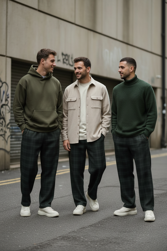 ODMPOD Gridline Plaid Trousers, urban streetwear pants featuring a stylish plaid pattern and modern fit.