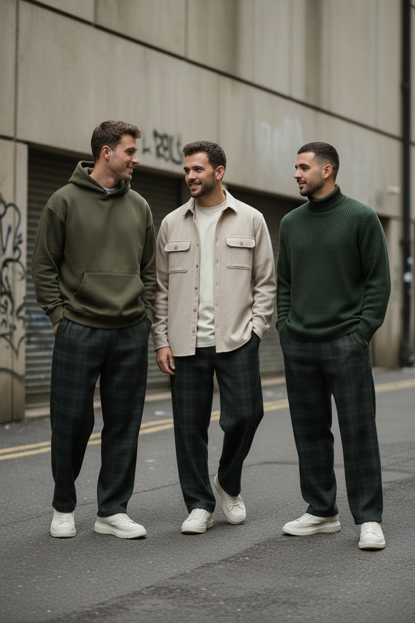 Three men wearing Urban Fashion & Streetwear | Craftklart plaid trousers and casual tops on a city street