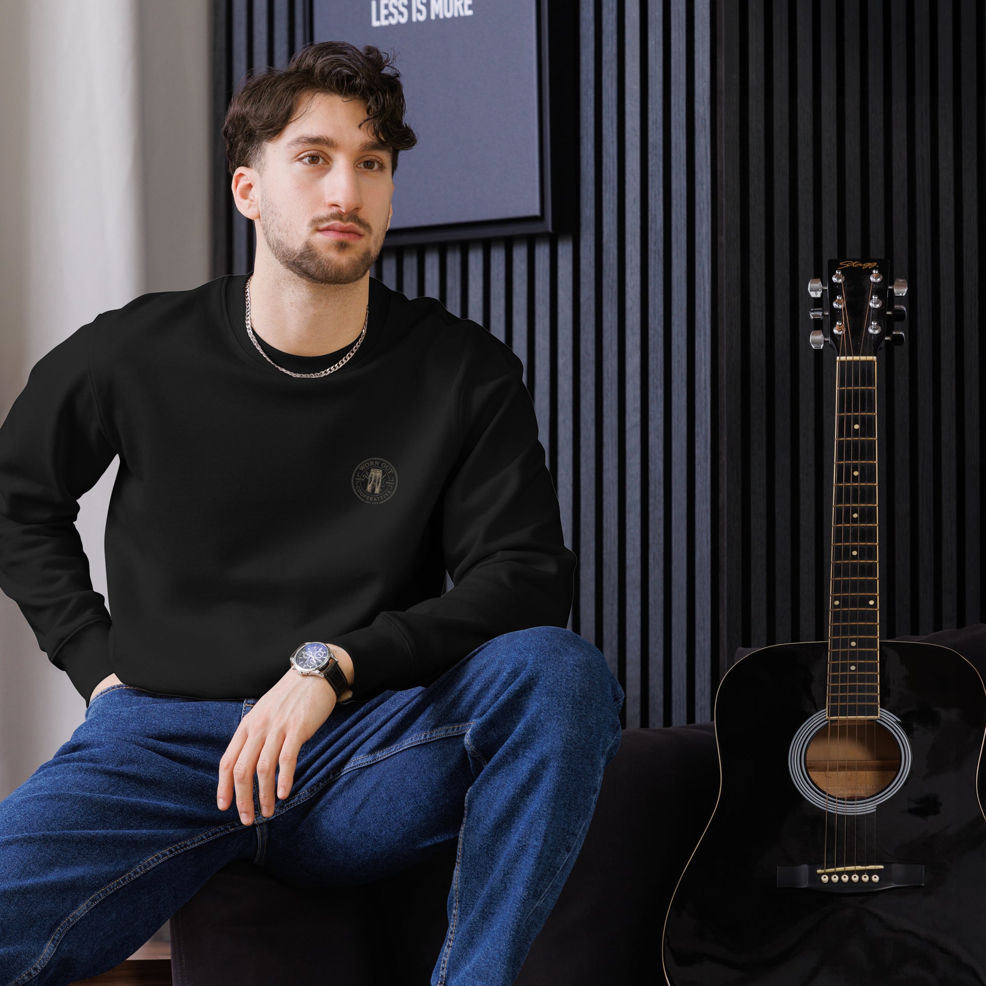 Unisex black eco sweatshirt with urban streetwear print, made by Urban Fashion & Streetwear, casual and comfortable for everyday wear.
