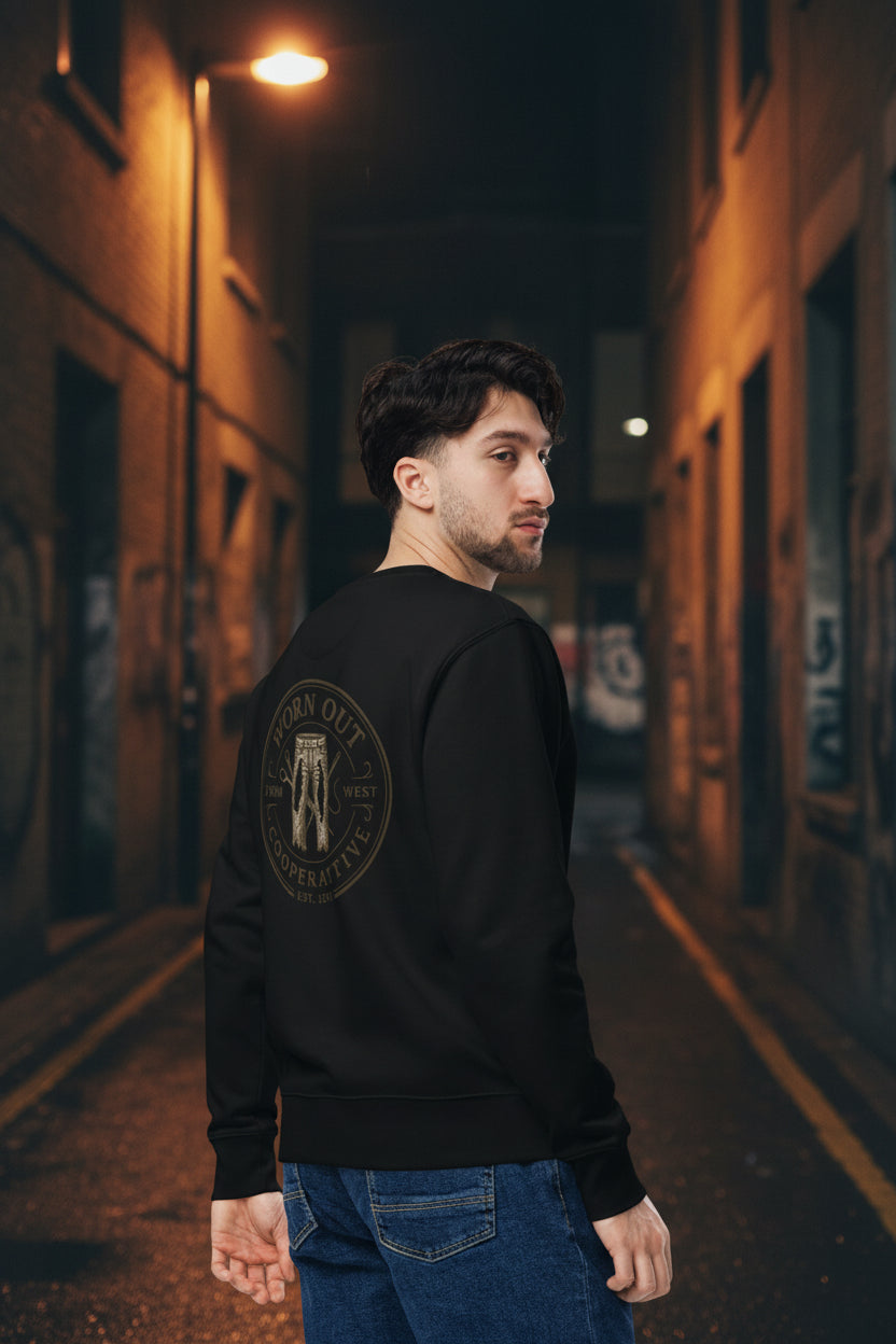 Unisex black printed eco sweatshirt from Urban Workwear, featuring urban-inspired streetwear design by Craftklart.