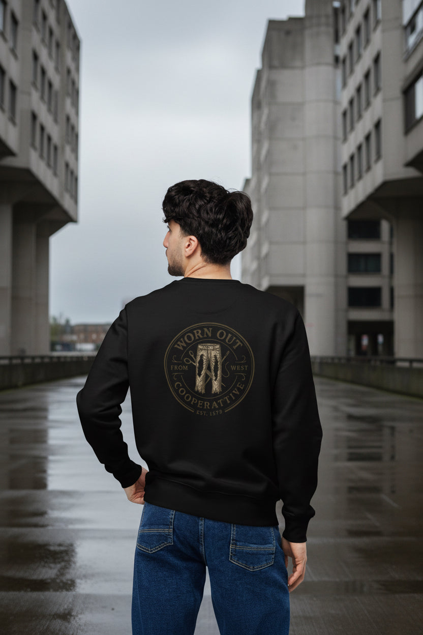 Unisex black eco sweatshirt with urban streetwear printed design, casual style, made by Urban Fashion & Streetwear.