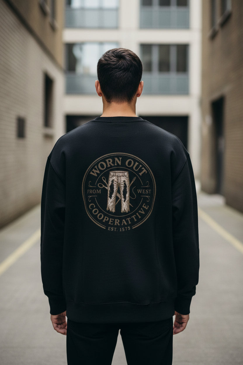 Unisex black printed eco sweatshirt from Urban Fashion & Streetwear, casual urban workwear sweater with graphic design.